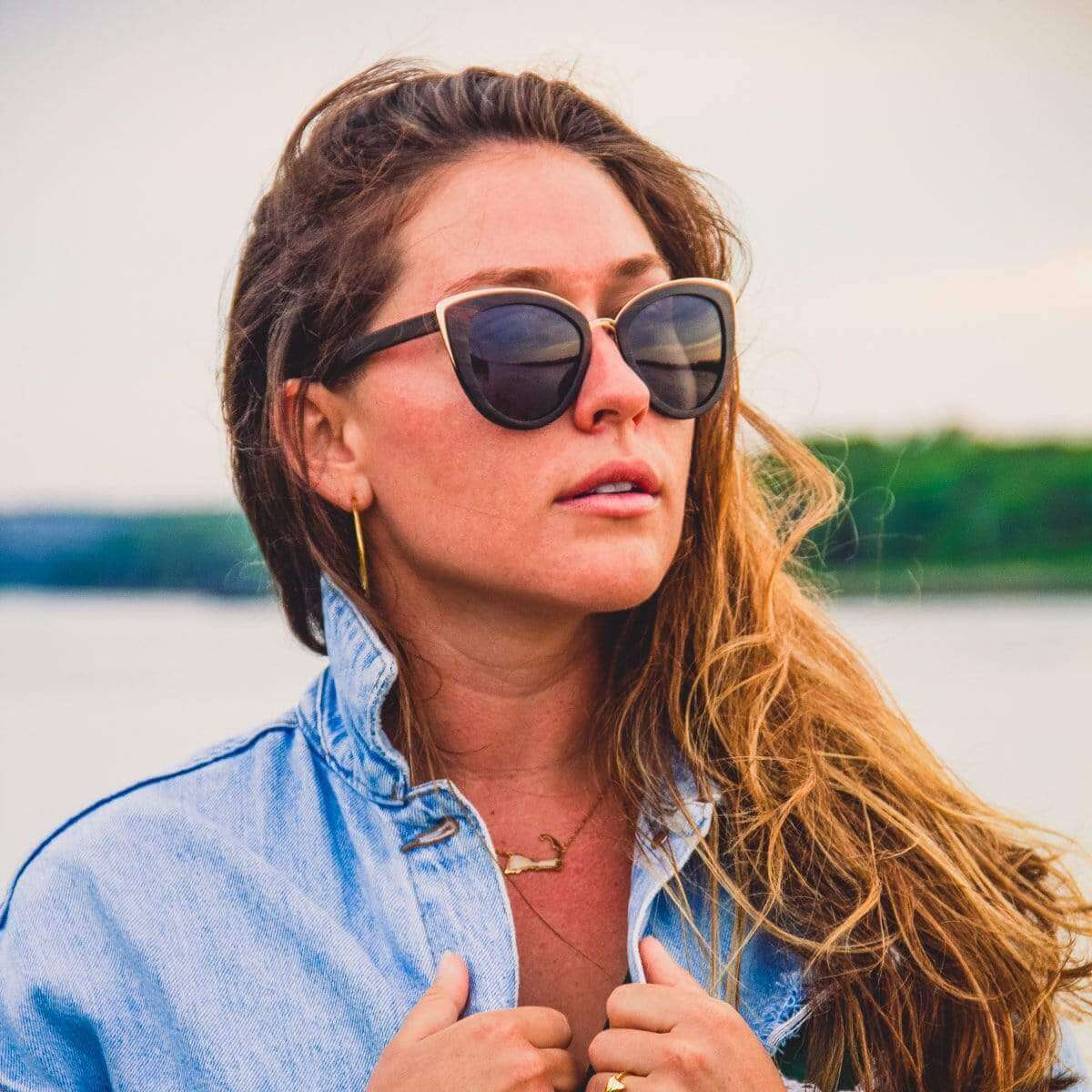 Model Wearing Wooden Bombshell Sunglasses With Smoke Lenses