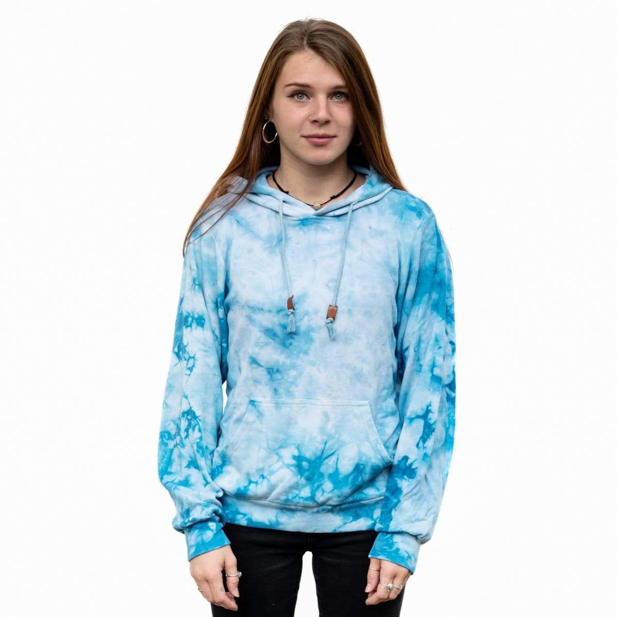 Female Model Wearing A Blue Marble Cloud Blend Hoodie From SLYK