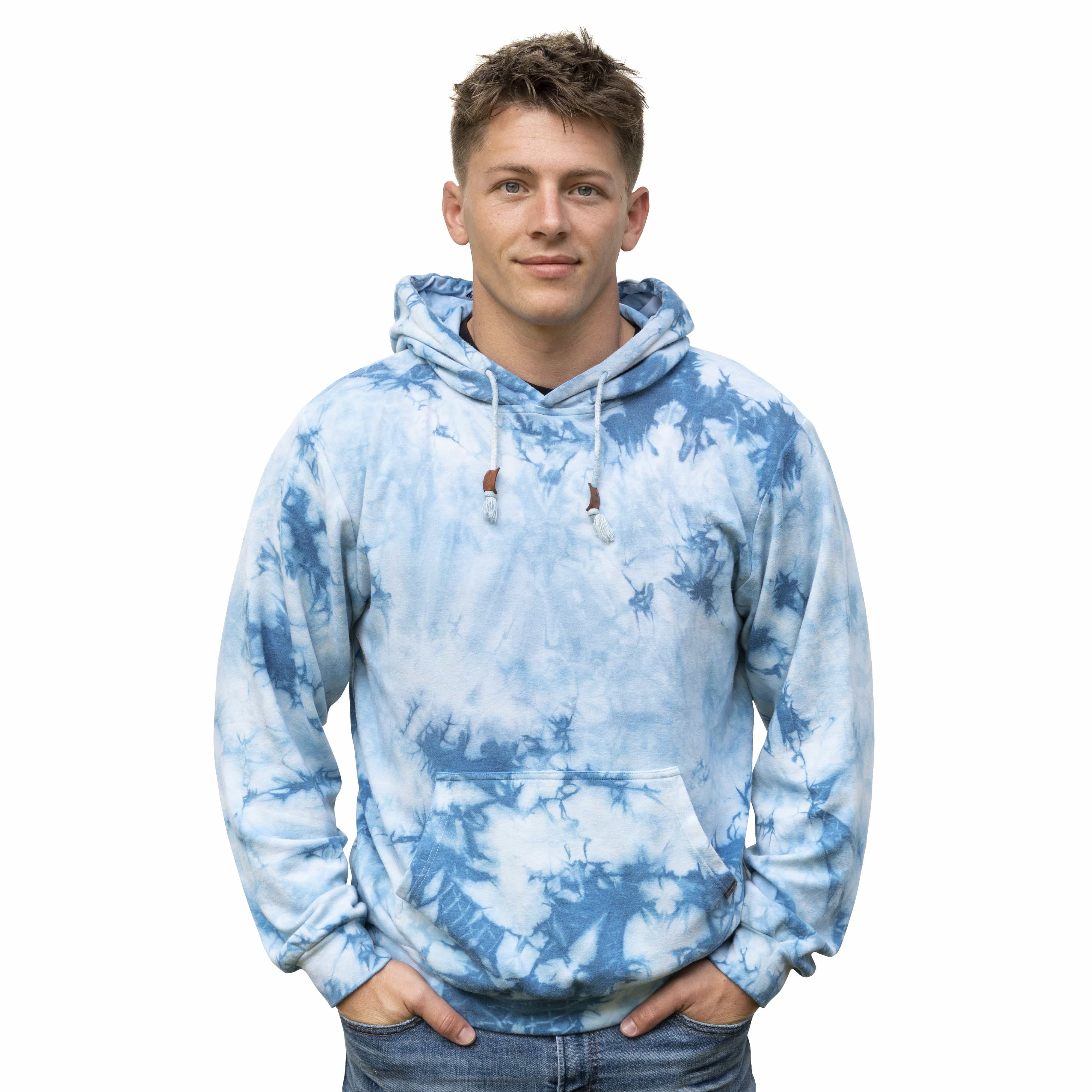 Male Model Wearing A Blue Marble Cloud Blend Hoodie From SLYK