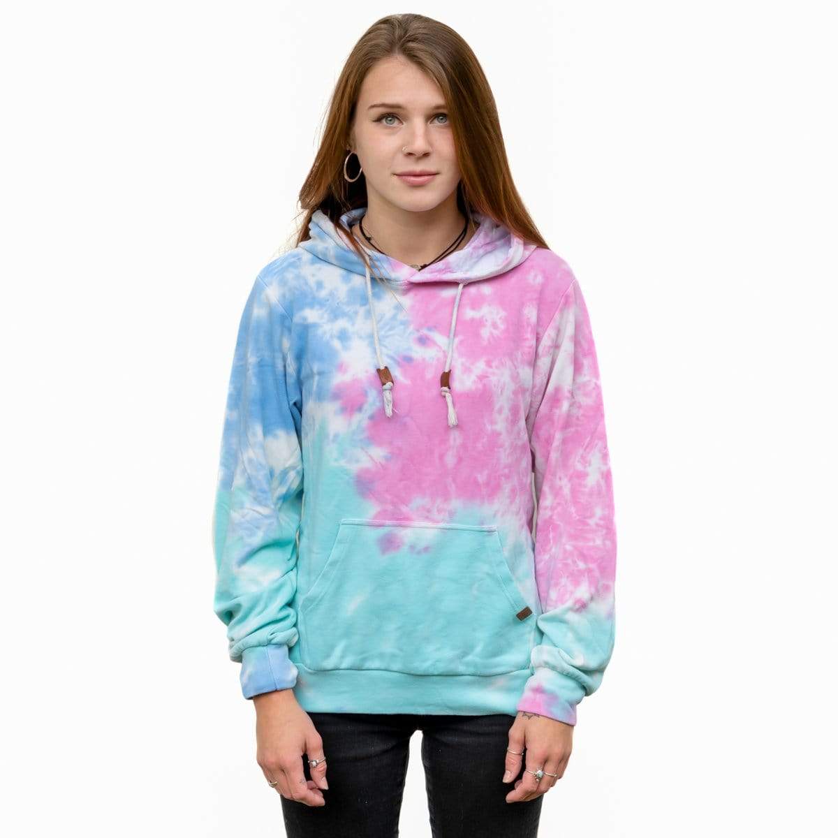 Female Model Wearing A Cotton Candy Cloud Blend Hoodie From SLYK