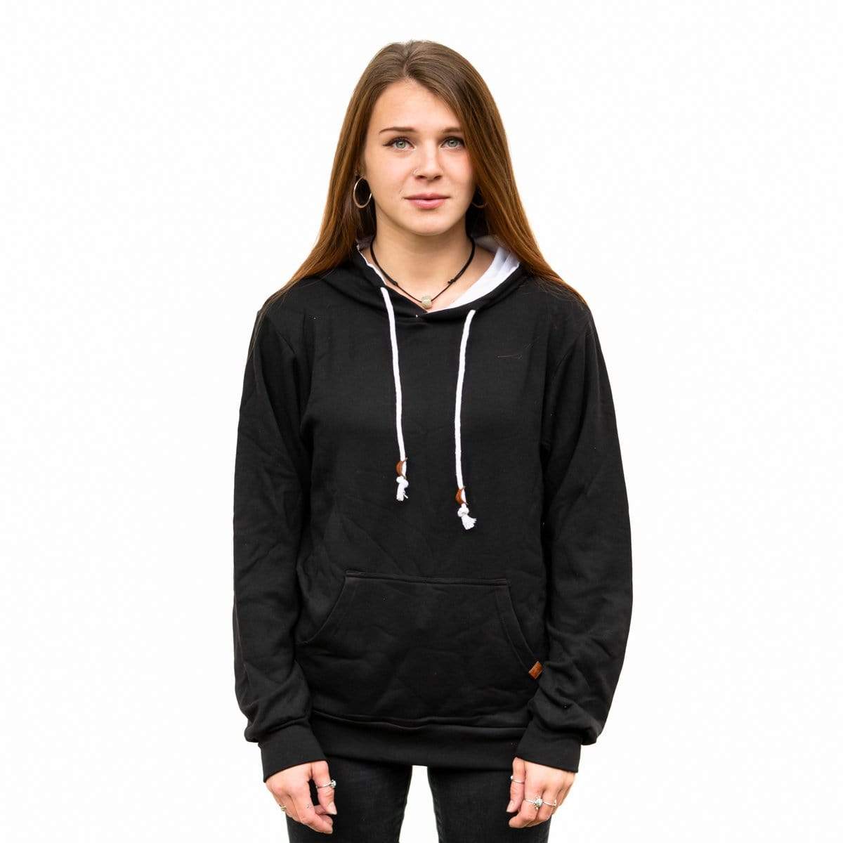 Female Model Wearing A Jet Black Cloud Blend Hoodie From SLYK 