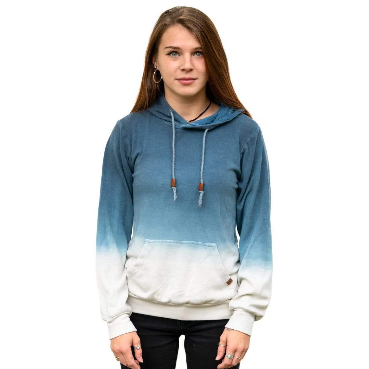 Female Model Wearing An Ocean Ombre Cloud Blend Hoodie From SLYK