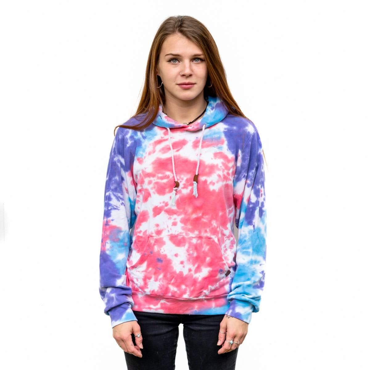 Female Model Wearing A Paint Splatter Cloud Blend Hoodie From SLYK