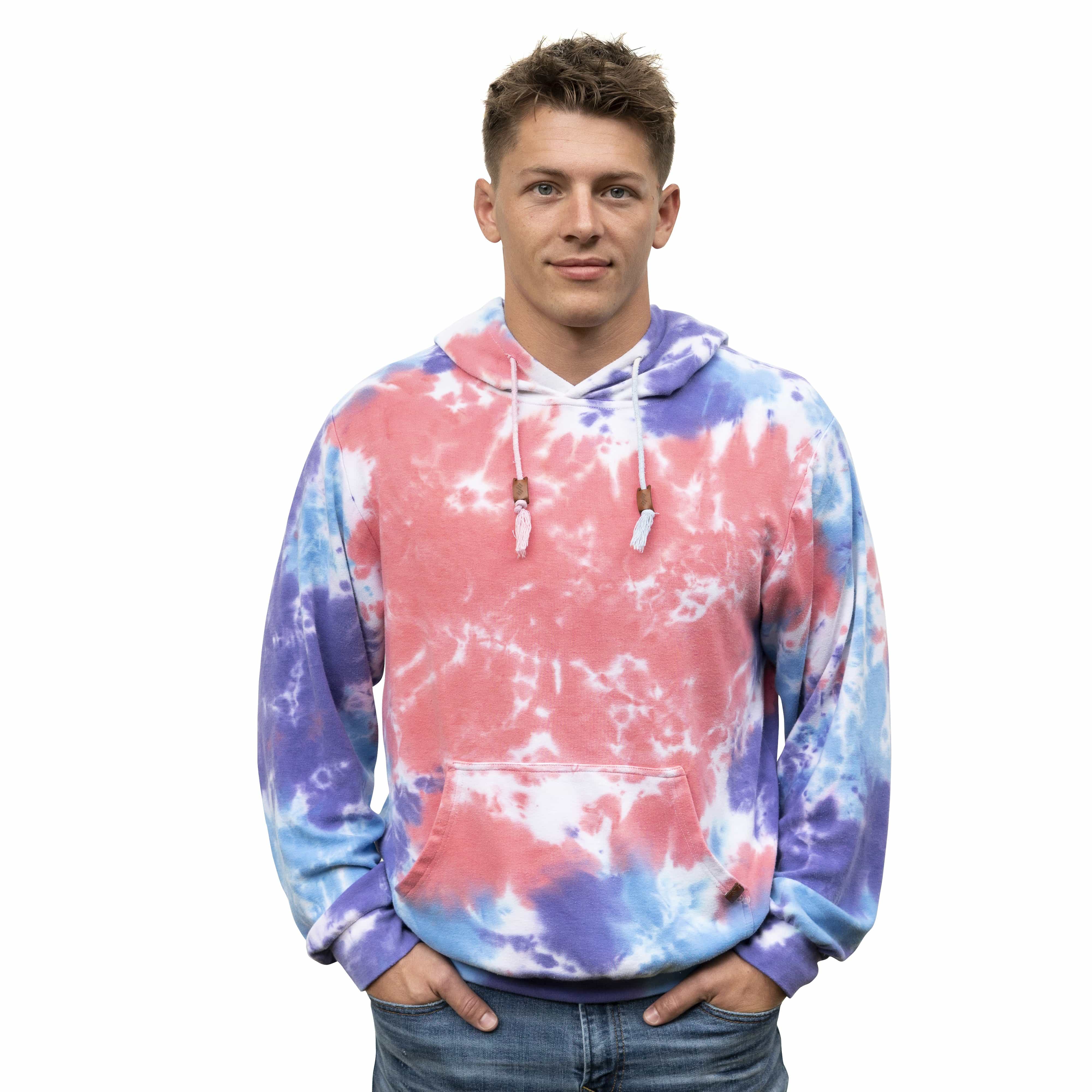 Male Model Wearing A Paint Splatter Cloud Blend Hoodie From SLYK