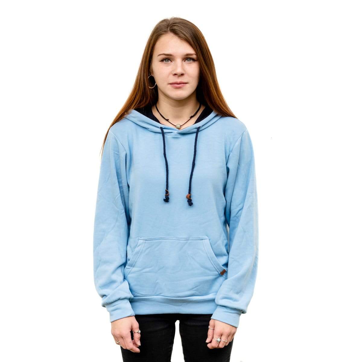Female Model Wearing A Sky Blue Cloud Blend Hoodie From SLYK