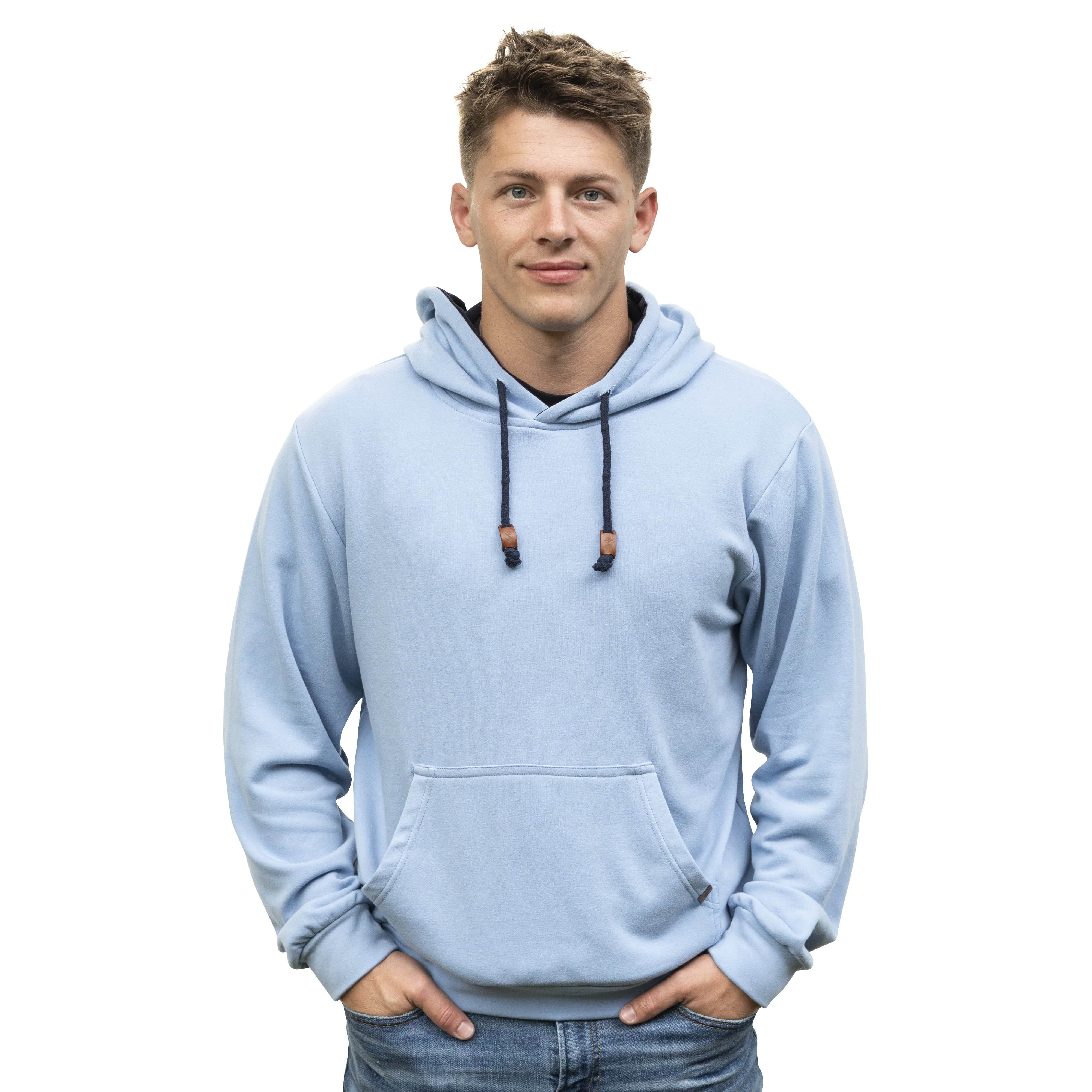 Male Model Wearing A Sky Blue Cloud Blend Hoodie From SLYK