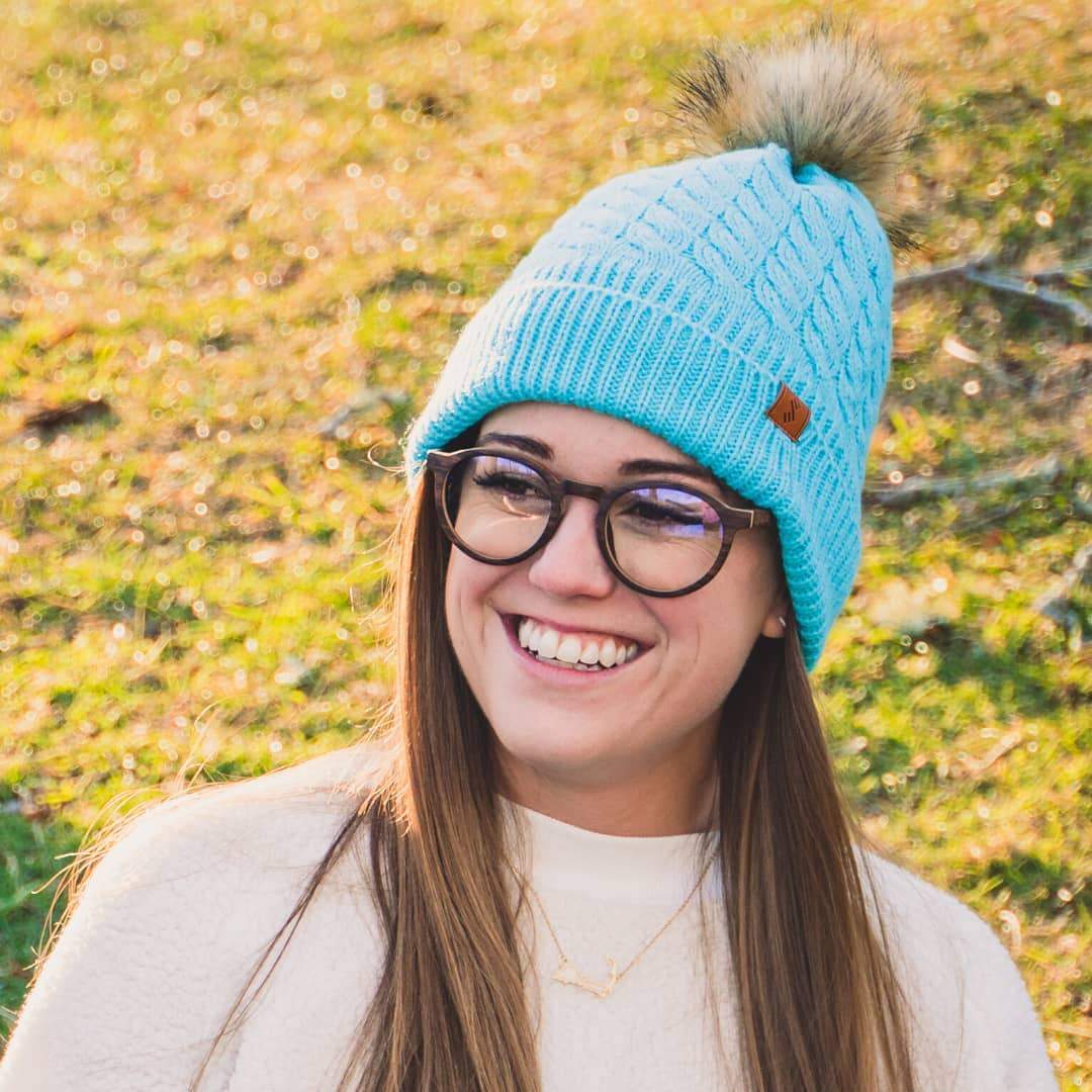 Model Wearing Cozy Seafoam Green Pom Beanie Hat From SLYK