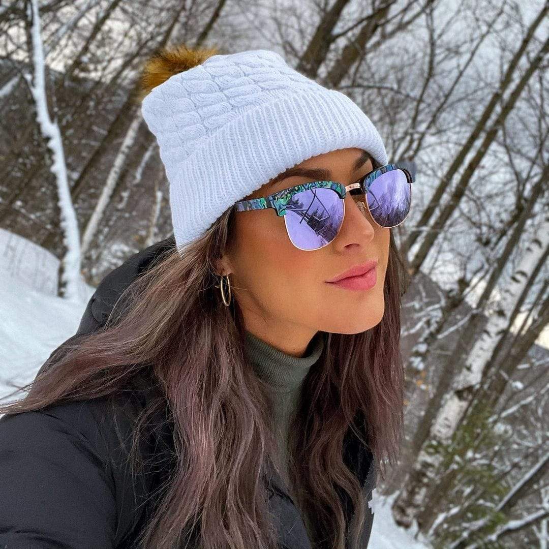Model Wearing Cozy White Pom Beanie Hat From SLYK