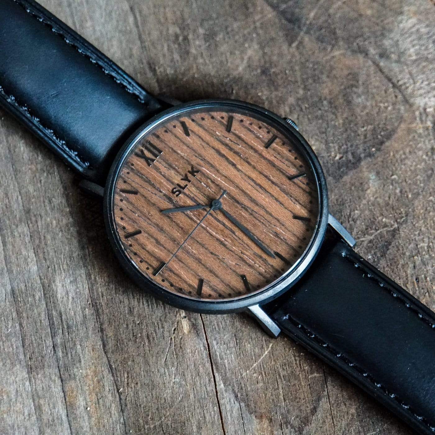 Dark Wood Watch - Black Leather Band