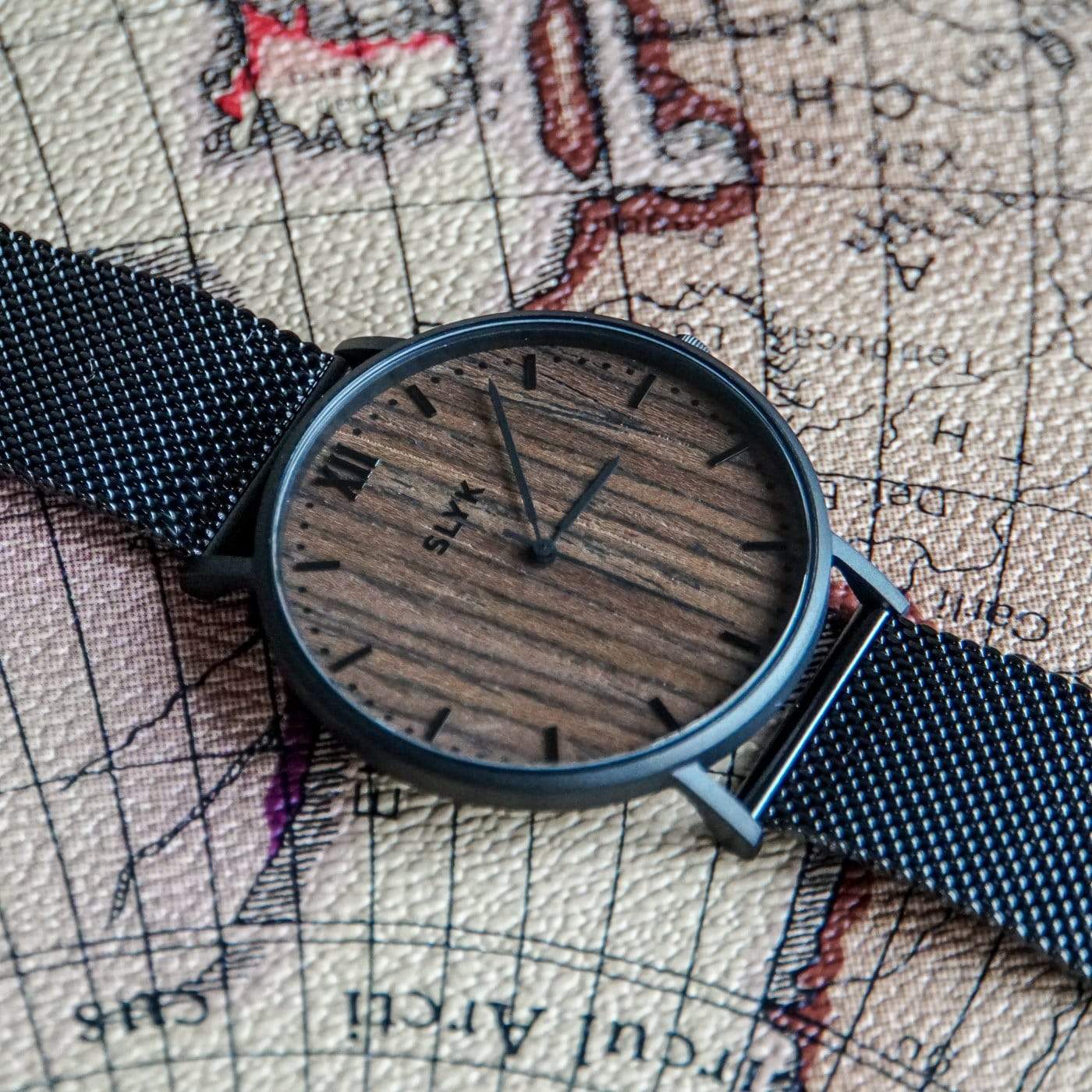 Dark Wood Watch - Black Stainless Mesh Band