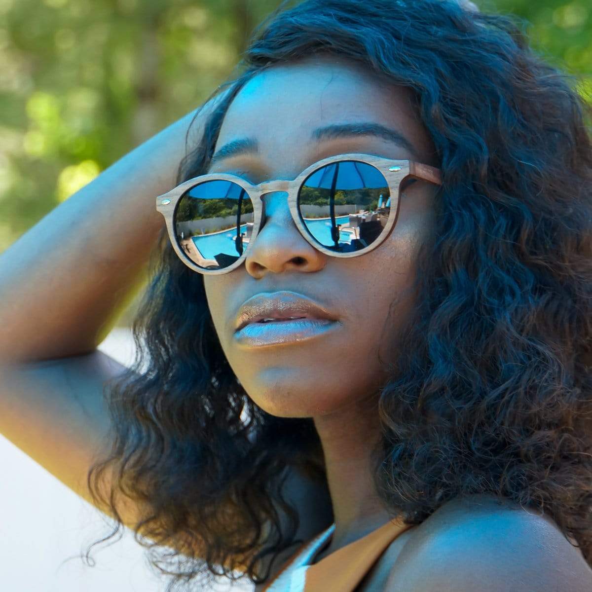 Model Wearing Explorer Walnut Smoke Wooden Sunglasses