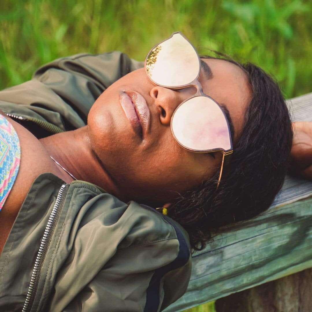 Model Wearing Hollywood Wooden Sunglasses With Rose Lenses From SLYK