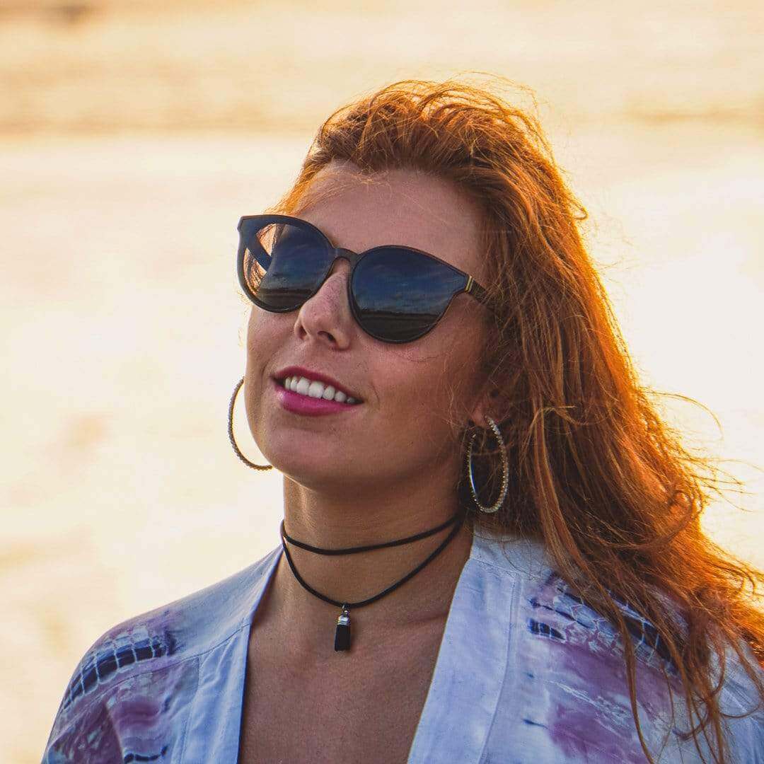 Model Wearing Hollywood Wooden Sunglasses With Smoke Lenses From SLYK