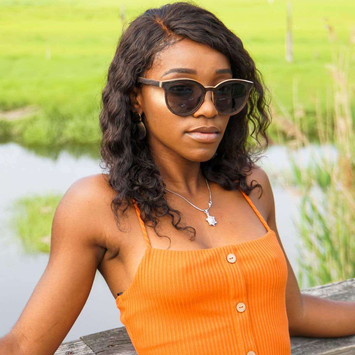 Model Wearing Hollywood Wooden Sunglasses With Smoke Lenses From SLYK