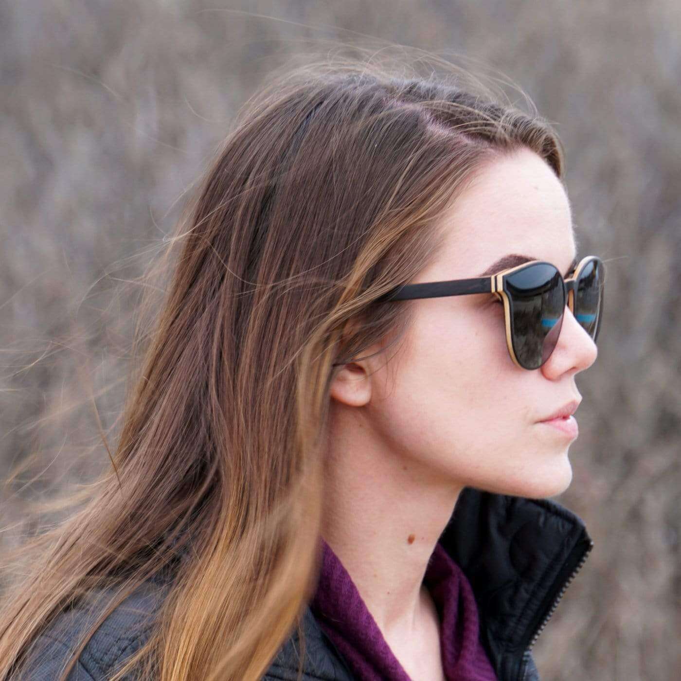 Model Wearing Hollywood Wooden Sunglasses With Smoke Lenses From SLYK