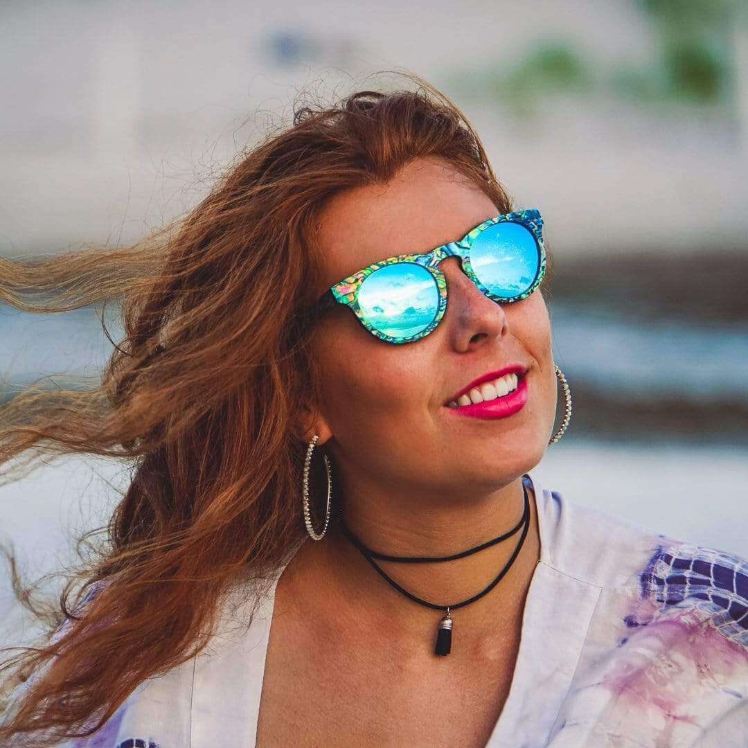 Female Model Wearing Mermaid Wooden Sunglasses With Abalone Seashell and Ice Blue Lenses From SLYK