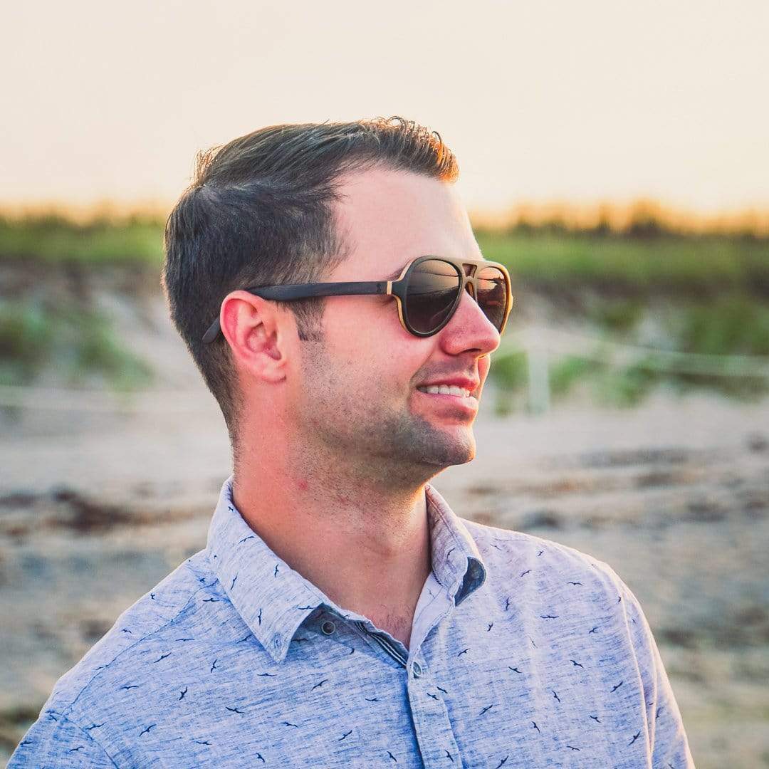 Male Model Wearing Wooden OG Sunglasses With Smoke Lenses From SLYK