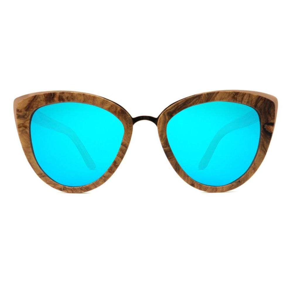 Best Wooden Sunglasses - Bombshell Maple Wood With Ice Blue Lenses - Front Angle