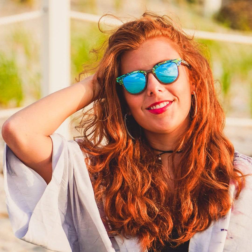 Female Model Wearing Beachcomber Ice Blue Wooden Sunglasses