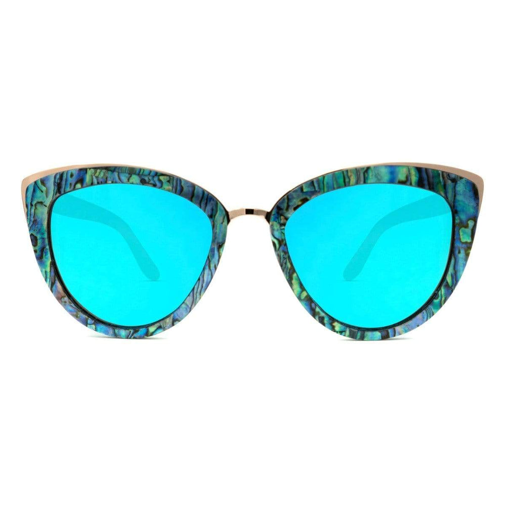 Best Wooden Abalone Seashell Sunglasses - Bombshell With Ice Blue Lenses - Front Angle