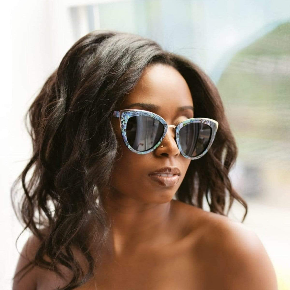 Model Wearing Wooden Bombshell Abalone Seashell Sunglasses With Smoke Lenses