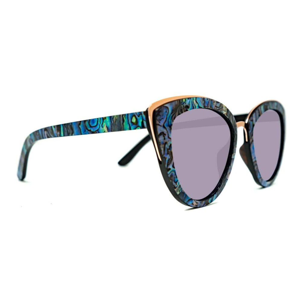 Best Wooden Bombshell Abalone Sunglasses With Violet Lenses - Side Angle