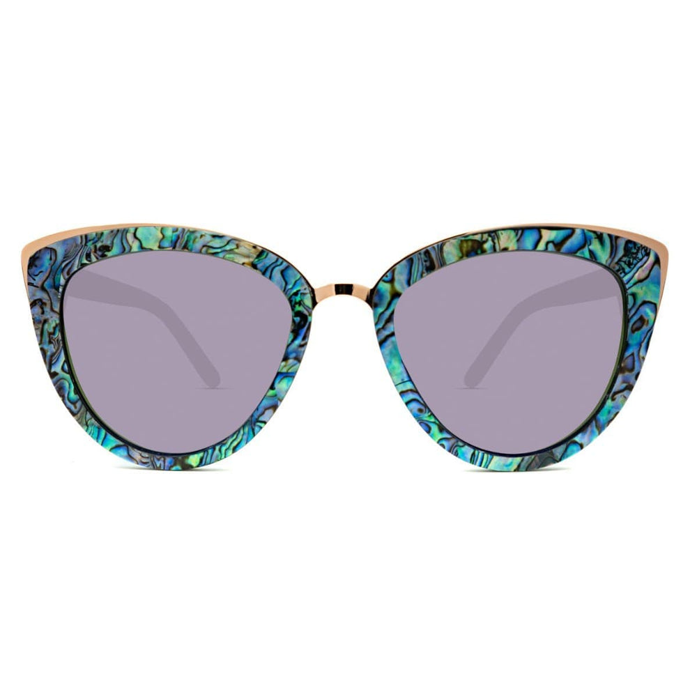 Best Wooden Bombshell Abalone Sunglasses With Violet Lenses - Front Angle