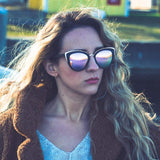 Model Wearing Wooden Bombshell Sunglasses With Rose Lenses 