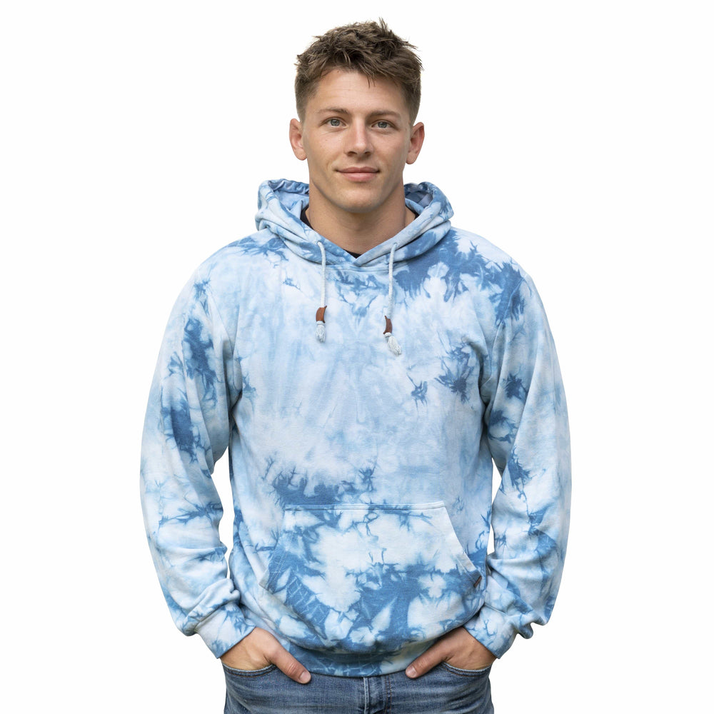 Male Model Wearing A Blue Marble Cloud Blend Hoodie From SLYK 
