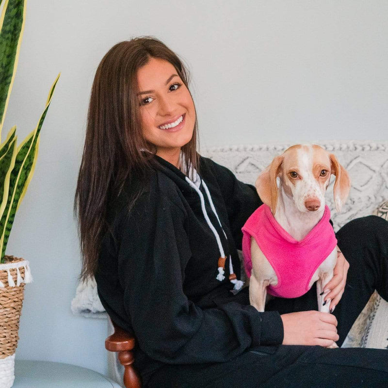 Female Model With A Dog Wearing A Jet Black Cloud Blend Hoodie From SLYK 