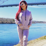 Female Model Wearing Seagull Gray Cloud Blend Joggers From SLYK