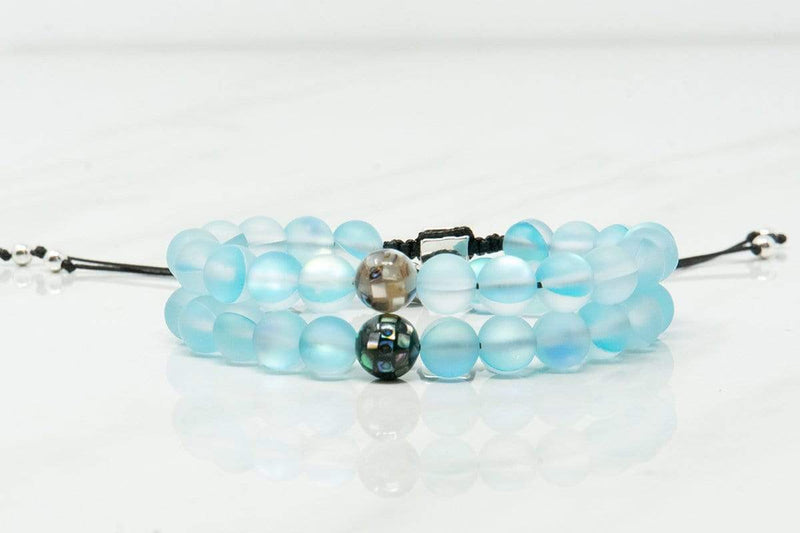 Set Of Two Blue Mermaid Glass Distance Bracelets With Abalone Seashell Beads