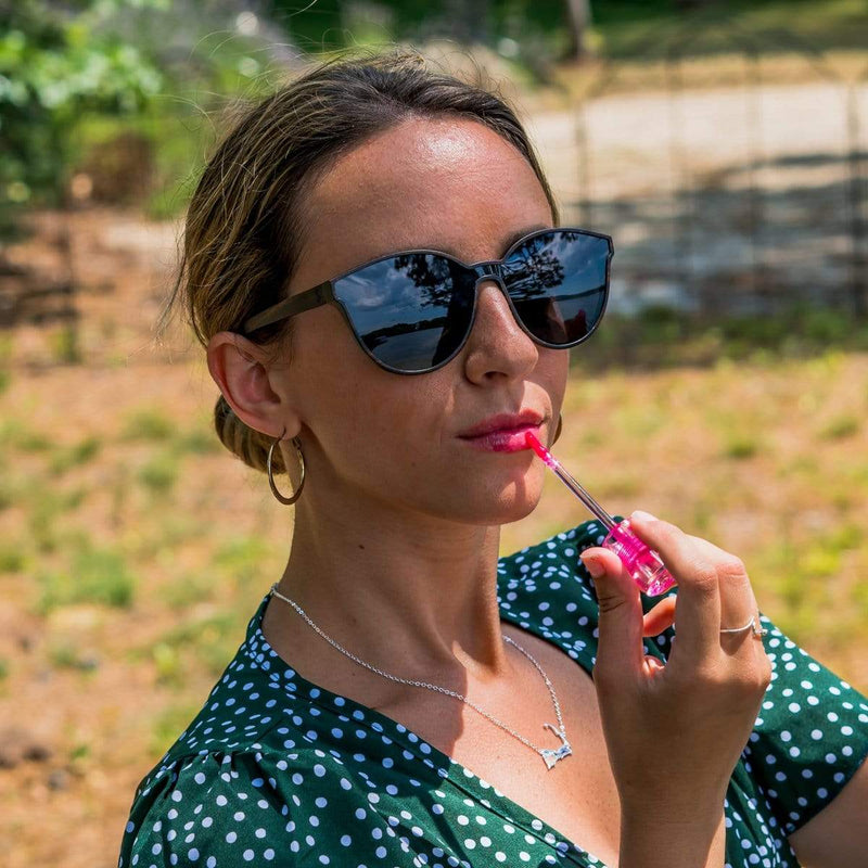 Female Model With Lipgloss Wearing Wooden Knockout Sunglasses With Smoke Lenses From SLYK