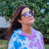Female Model Wearing Wooden Knockout Sunglasses With Violet Lenses From SLYK
