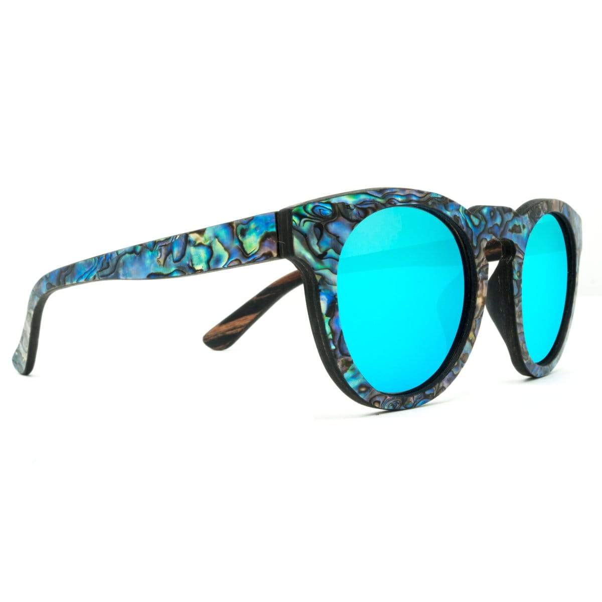 Mermaid Wooden Sunglasses With Abalone Seashell and Ice Blue Lenses From SLYK - Side Angle
