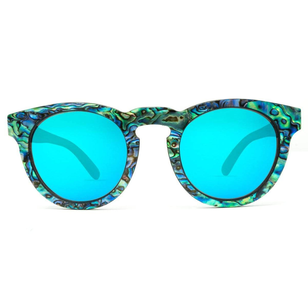 Mermaid Wooden Sunglasses With Abalone Seashell and Ice Blue Lenses From SLYK - Front Angle