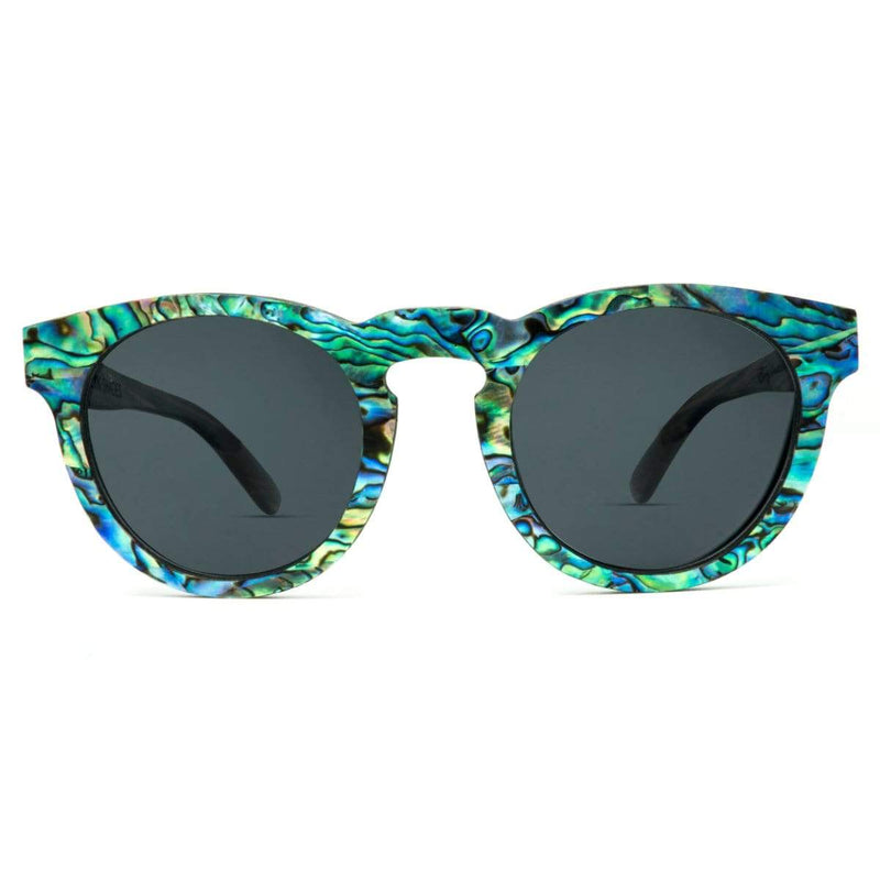 Mermaid Wooden Sunglasses Made From Ebony Wood And Abalone Seashell With Smoke Lenses - Front Angle