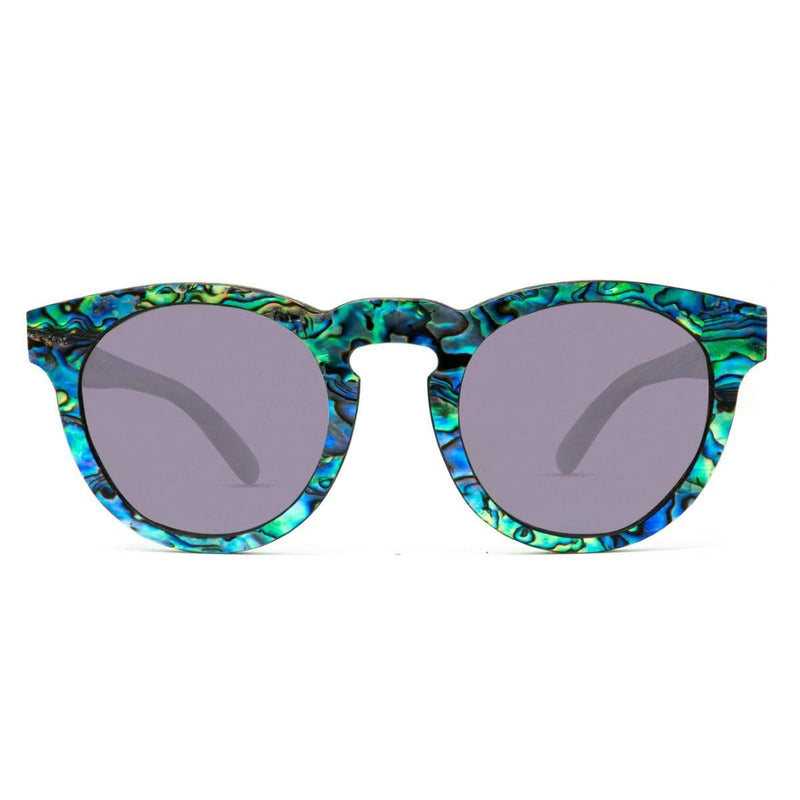 Mermaid Wooden Sunglasses With Abalone Seashell and Violet Lenses From SLYK - Front Angle