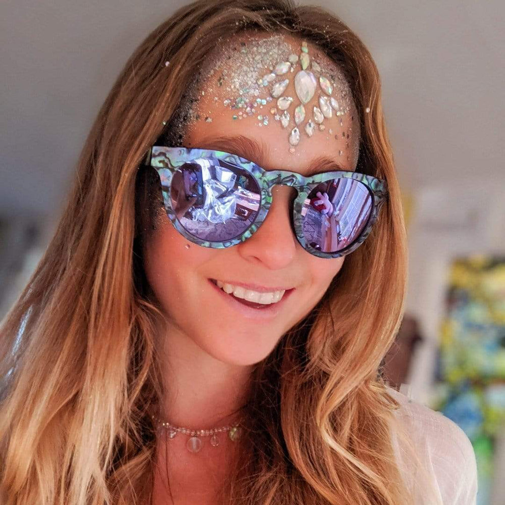 Female Model With Crystals Wearing Mermaid Wooden Sunglasses With Abalone Seashell and Violet Lenses From SLYK 
