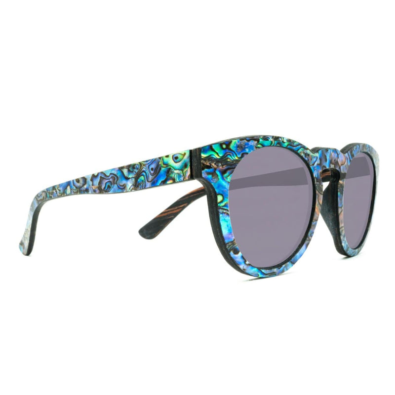 Mermaid Wooden Sunglasses With Abalone Seashell and Violet Lenses From SLYK - Side Angle