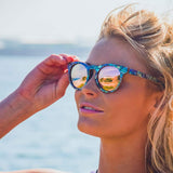 Female Model At The Beach Wearing Mermaid Wooden Sunglasses With Abalone Seashell and Rose Lenses From SLYK 